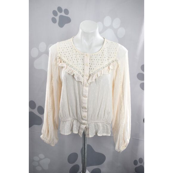 American Eagle Lace Button Up Top Lace Ruffle Boho Long Sleeve Cream Large - Picture 3 of 12